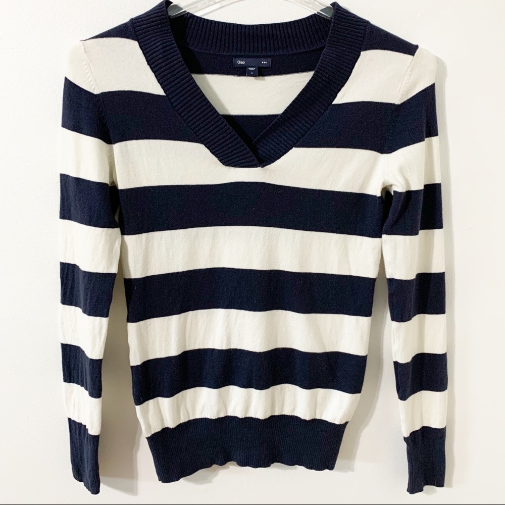 Gap Cotton Blend Crossover V-neck Wide Striped Long Sleeve Sweater Ribbed Detail
